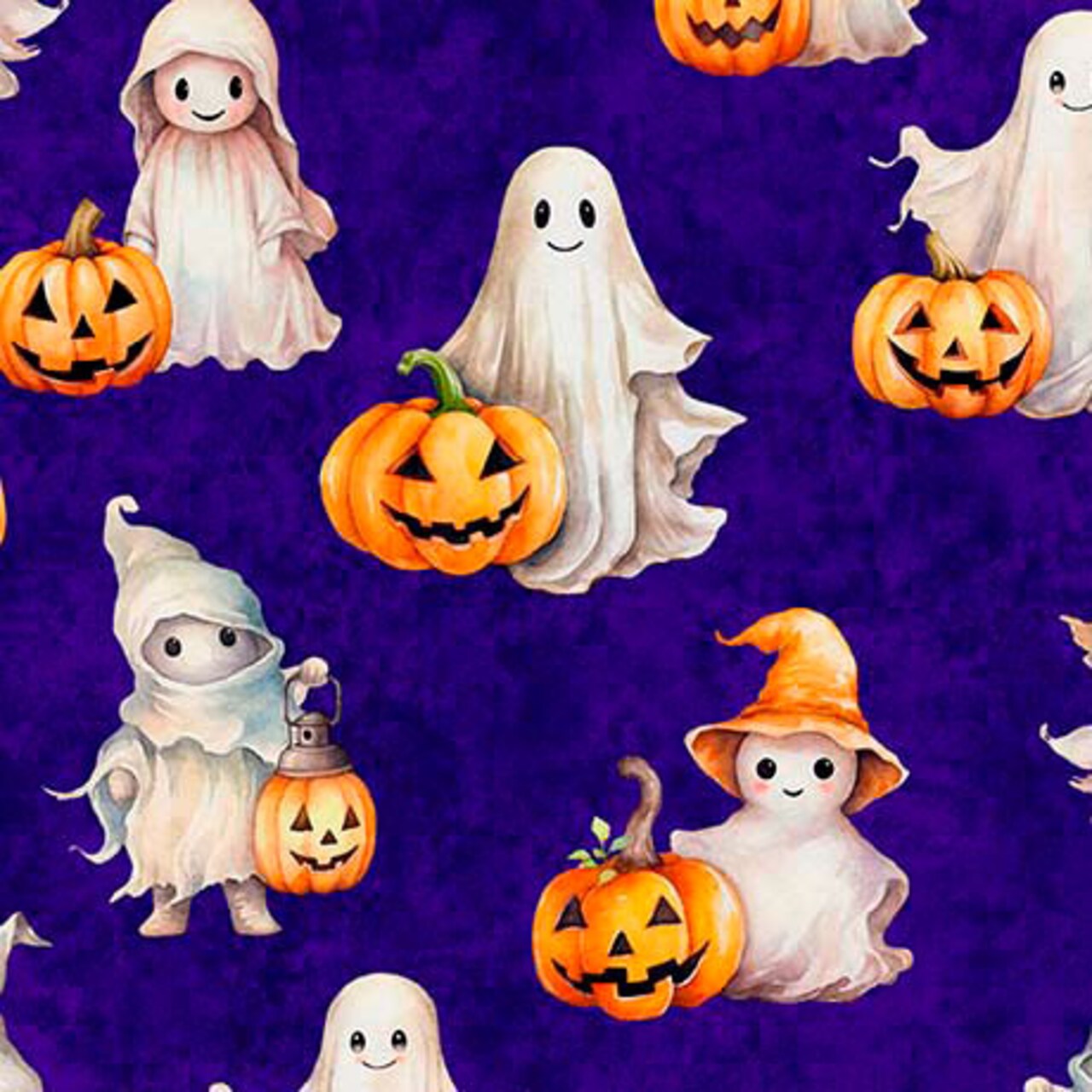 QT Cuties Halloween Ghosts and Pumpkins on Purple 100% Cotton Price per Yard